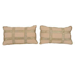 Pair of Vintage Homespun Linen Pillows with Gold Metallic Trim