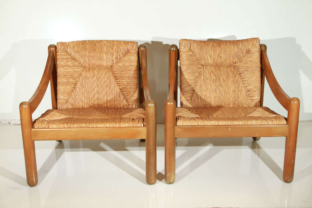 Vico Magistretti for Cassina “Carimate” Lounge Chairs in Fruitwood with rush seats