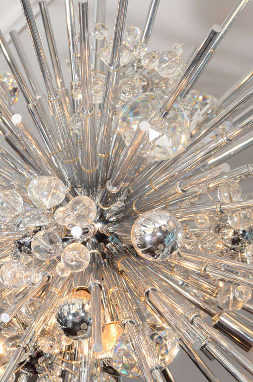 Crystal Sputnik Chandelier with Nickel Telescopes In New Condition For Sale In New York, NY