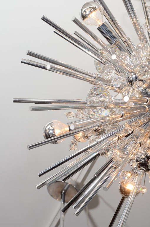 Contemporary Crystal Sputnik Chandelier with Nickel Telescopes For Sale