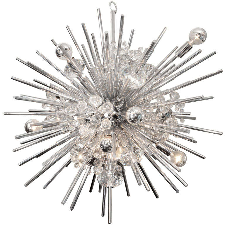 Crystal Sputnik Chandelier with Nickel Telescopes For Sale