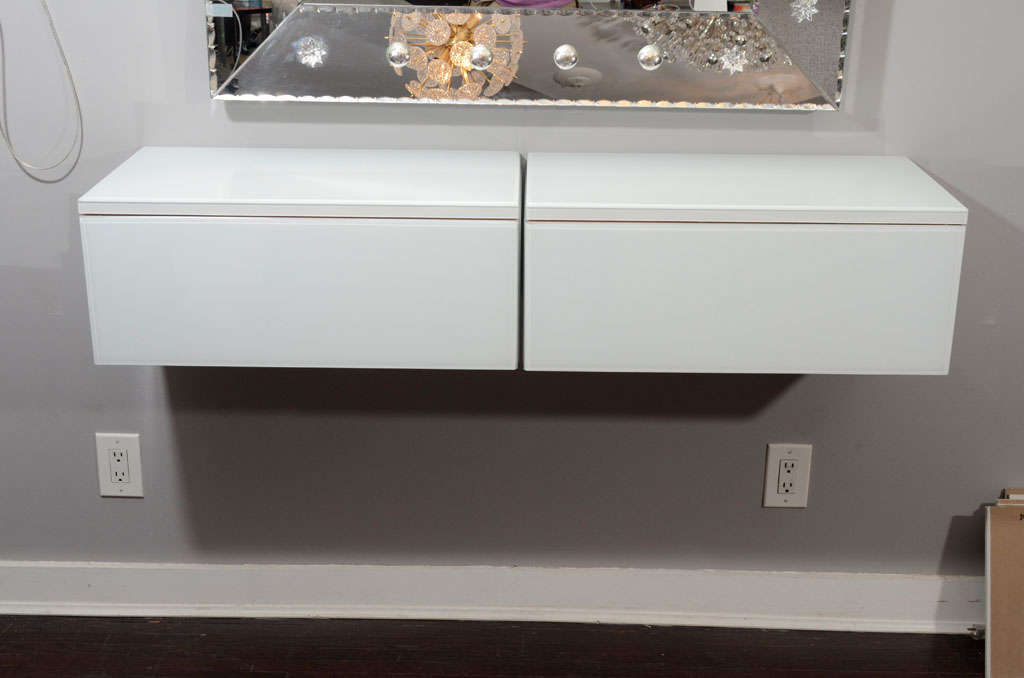 Pair of White Reverse Painted Glass WallMount Console Tables at