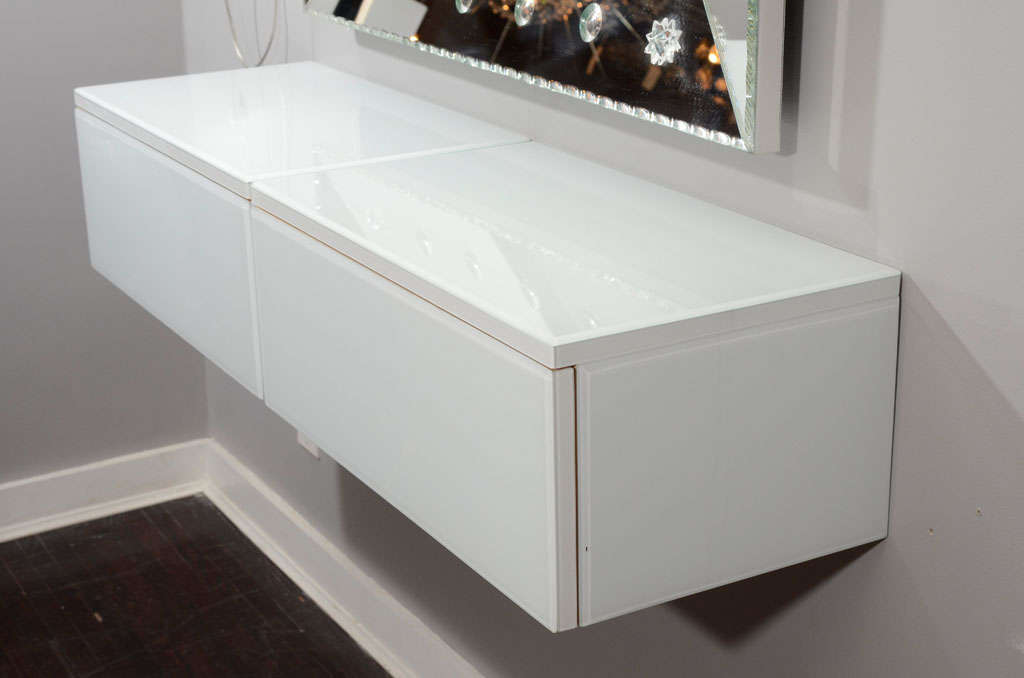 Pair of White Reverse Painted Glass WallMount Console Tables at