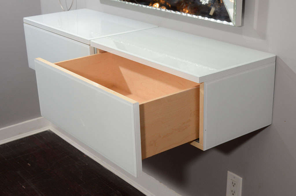 Pair of White Reverse Painted Glass WallMount Console Tables at