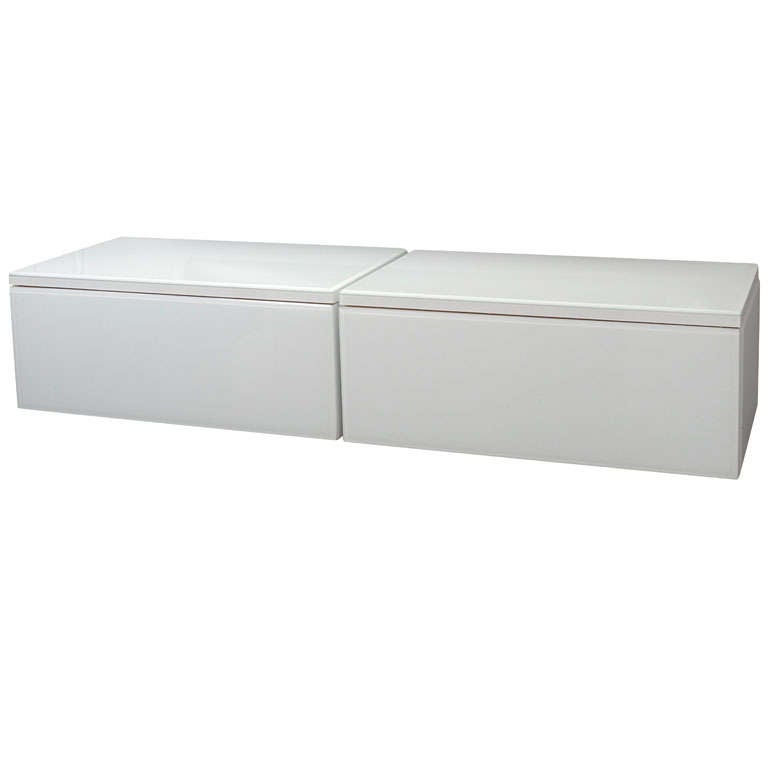 Pair of White Reverse Painted Glass WallMount Console Tables at