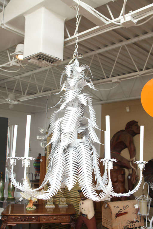 Large,whimsical metal chandelier with fern motif. Great for a Florida room, cabana or patio. Six arms.