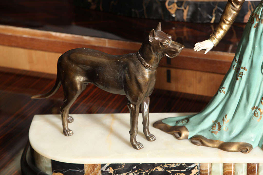 French Art Deco Sculpture, Deco lady w/  Dogs, signed 