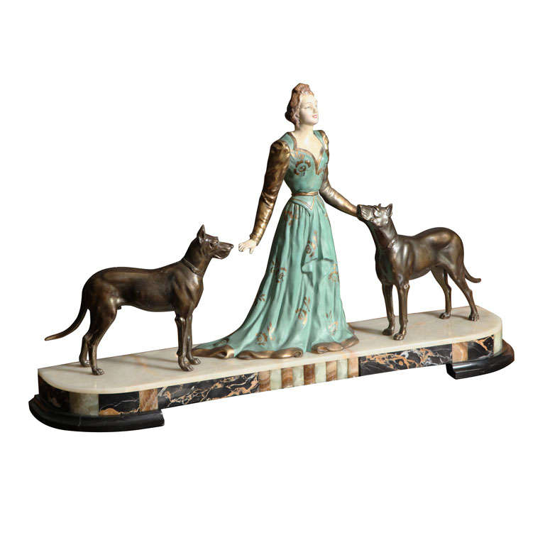 French Art Deco Sculpture, Deco lady w/  Dogs, signed "Limousin"
