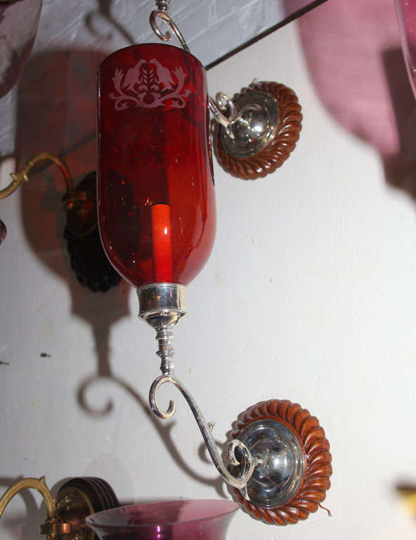 Antique Red Glass Globes on Sconces with Wood Backplates