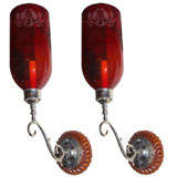 Antique Red Glass Globes on Sconces with Wood Backplates