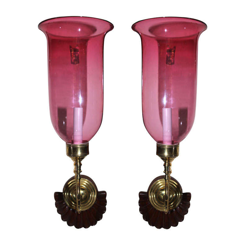 Pair of antique cranberry colored glass shades on sconces at 1stdibs