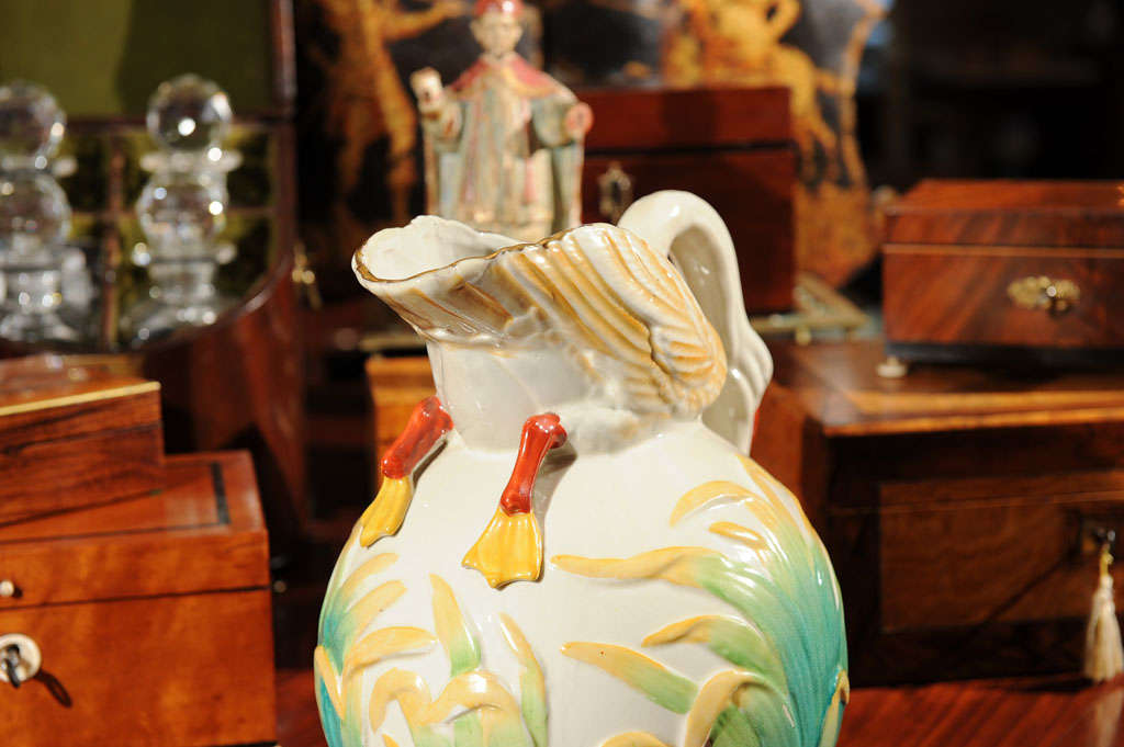 Ceramic Fanciful English Majolica Style Swan-Motif Pitcher