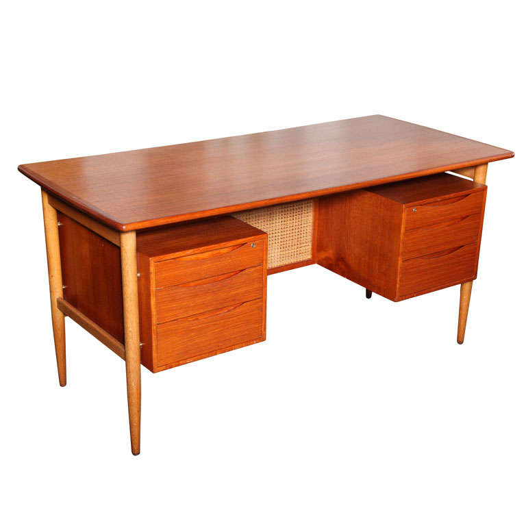 Teak and Cane Desk with 6 Drawers at 1stDibs