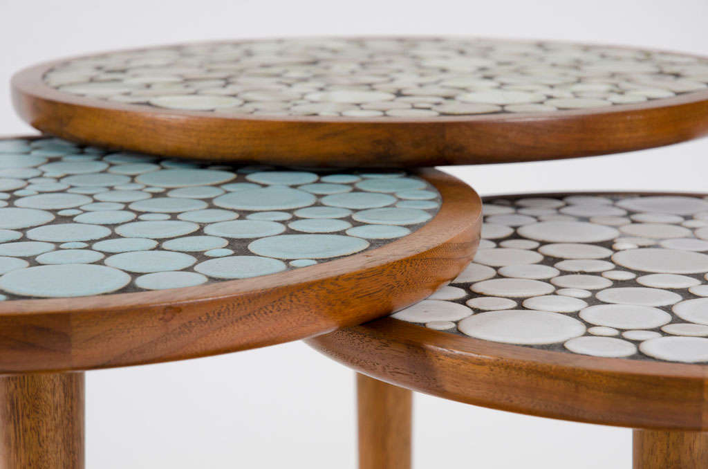 Walnut Set of 3 Graduated Tile Top Pedestal Tables by Gordon Martz