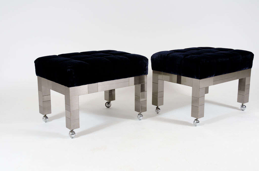 Pair of Satin Gunmetal Cityscape Tufted Stools by Paul Evans