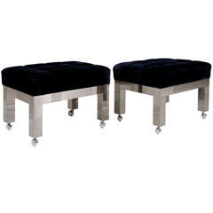 Vintage Pair of Satin Gunmetal Cityscape Tufted Stools by Paul Evans