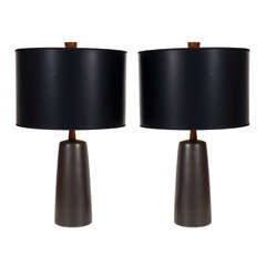 Pair of Chocolate Glazed Ceramic Table Lamps by Gordon Martz