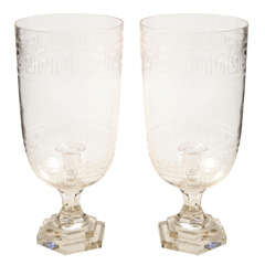 large glass candlesticks with greek key etchings