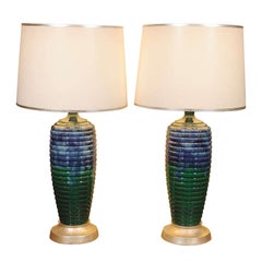 Pair of blue and green ceramic table lamps.
