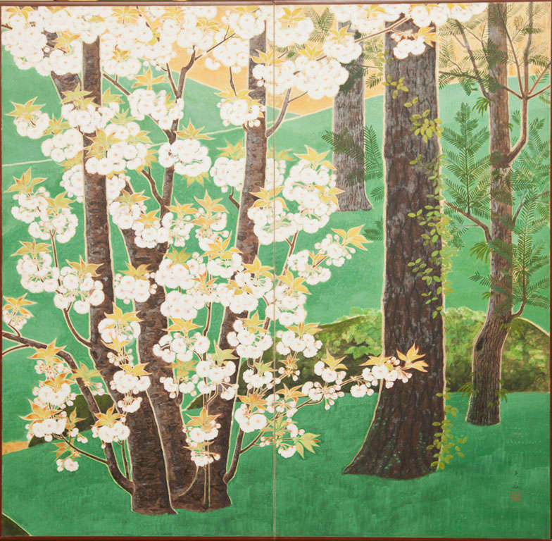 Cherry Trees and Wisteria.  Taisho Period (1912-1926).  <br />
Artist signature: Taiheki.  Brightly colored pigments on mulberry paper.<br />
Each two panel screen measures 66 ¾” high x 68 ½” wide.  Priced for the pair.