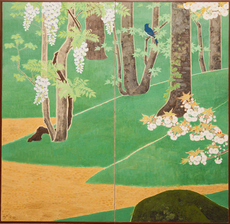 Pair of Japanese Screens, Cherry Trees and Wisteria.   
Artist signature: Taiheki.  Brightly colored pigments on mulberry paper.
Each two panel screen measures 66 ¾” high x 68 ½” wide. Priced for the Pair 
(could be sold individually).