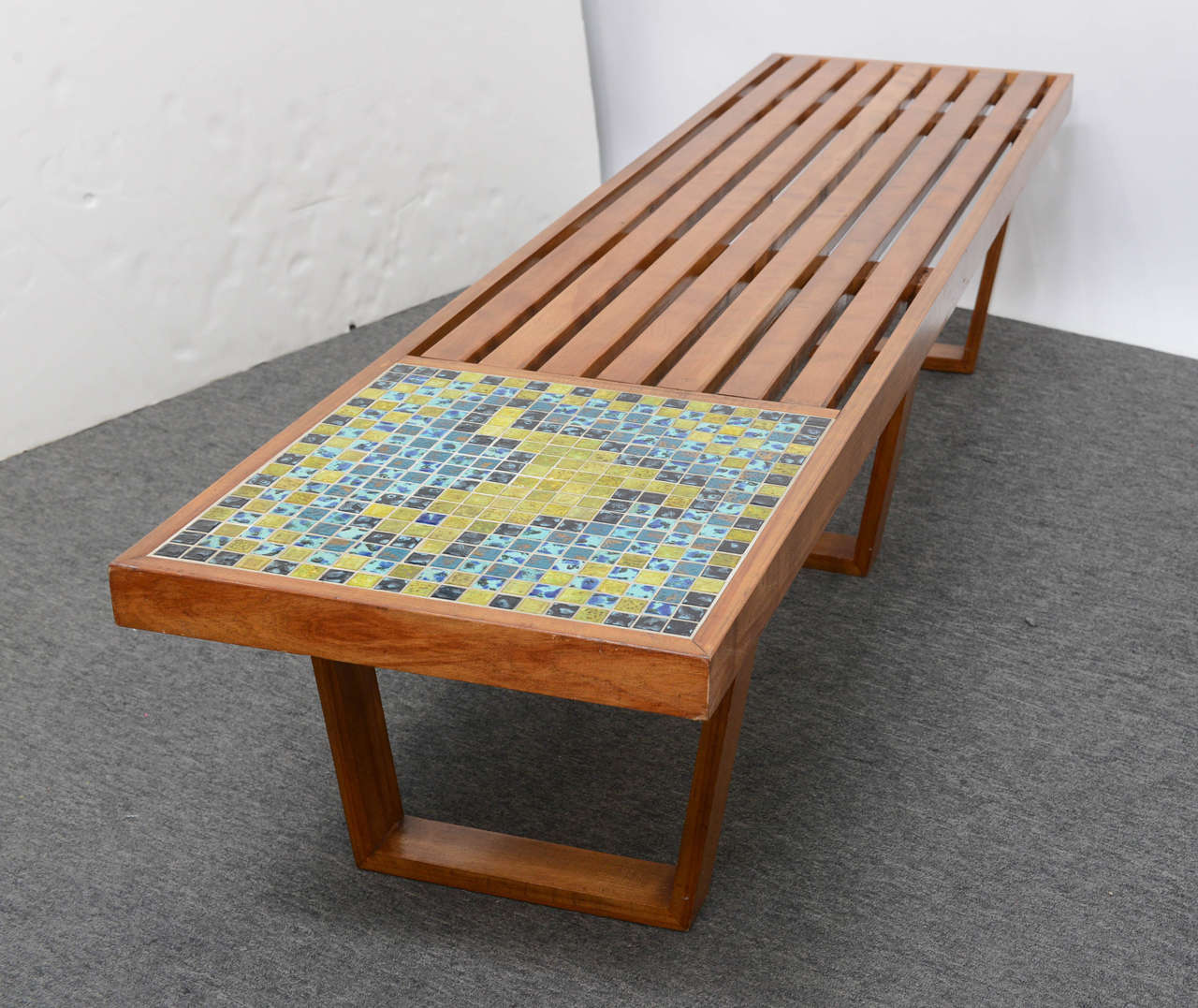 Walnut Mid-Century Slat Table Mosaic Inlay, George Nelson Style  For Sale