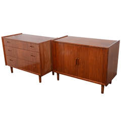 Pair of Mid-Century Walnut Chester Drawers and Cabinet