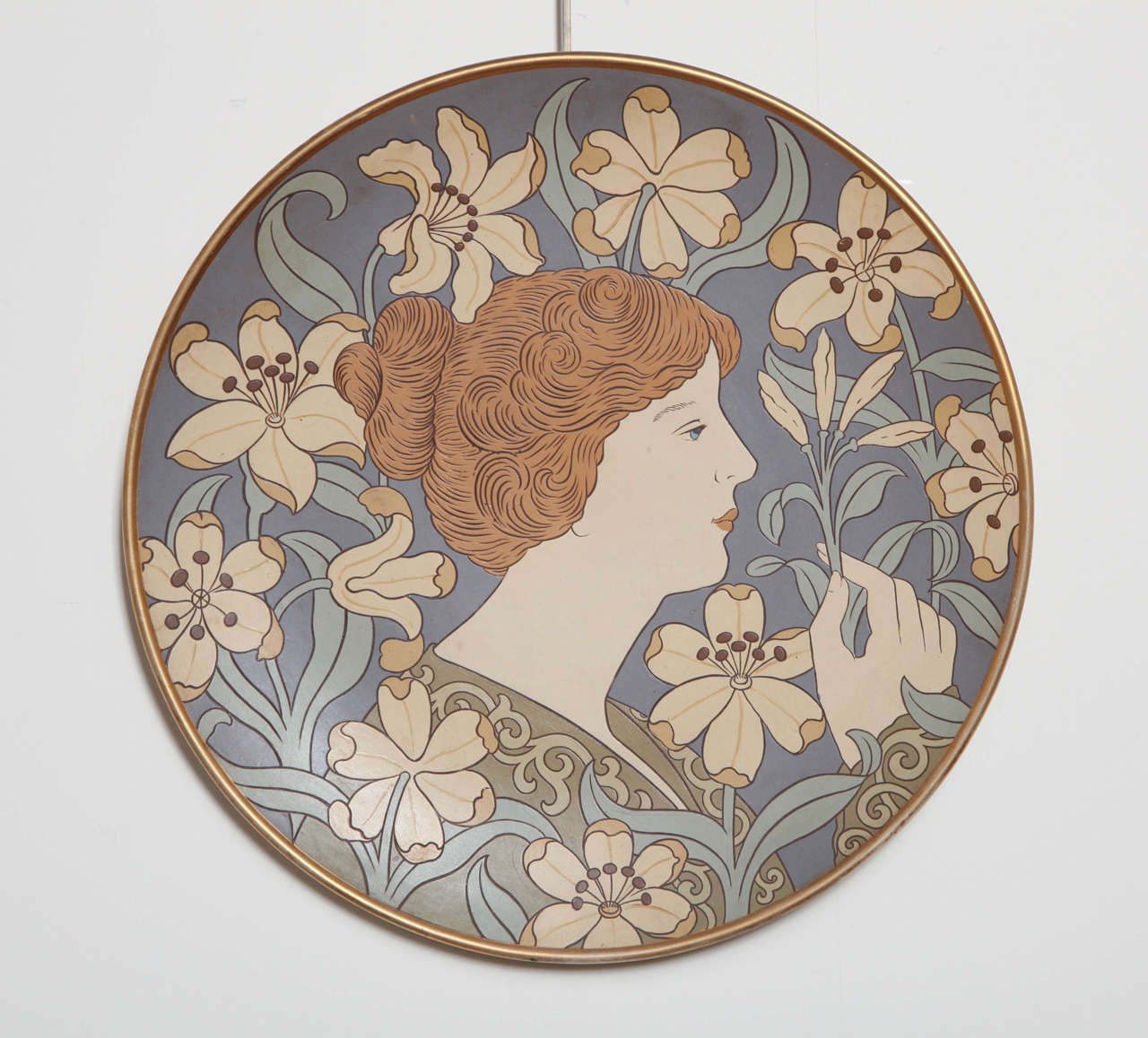 Beautiful Art Nouveau plaque made in Mettlach Saarland, Germany by Villeroy and Boch
The Sgraffito Art Nouveau plaque of a woman's bust with flower boarder was made in 1899 and stamped on the back with the castle mark and # 2548., unusual great