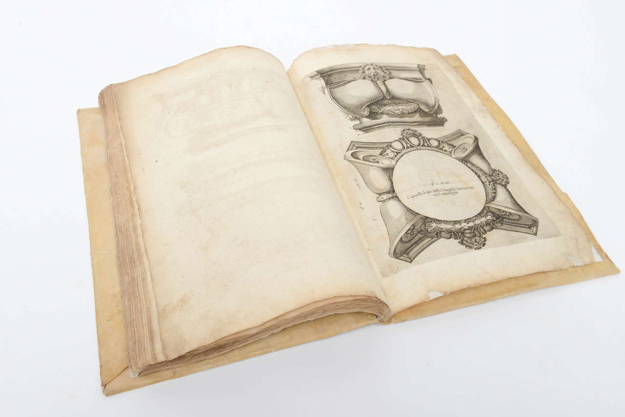 The clarity and ease of use of Vignola's treatise caused it to become in succeeding centuries the most published book in architectural history.
This book was first published in 1562. This copy is also deemed published around that time.