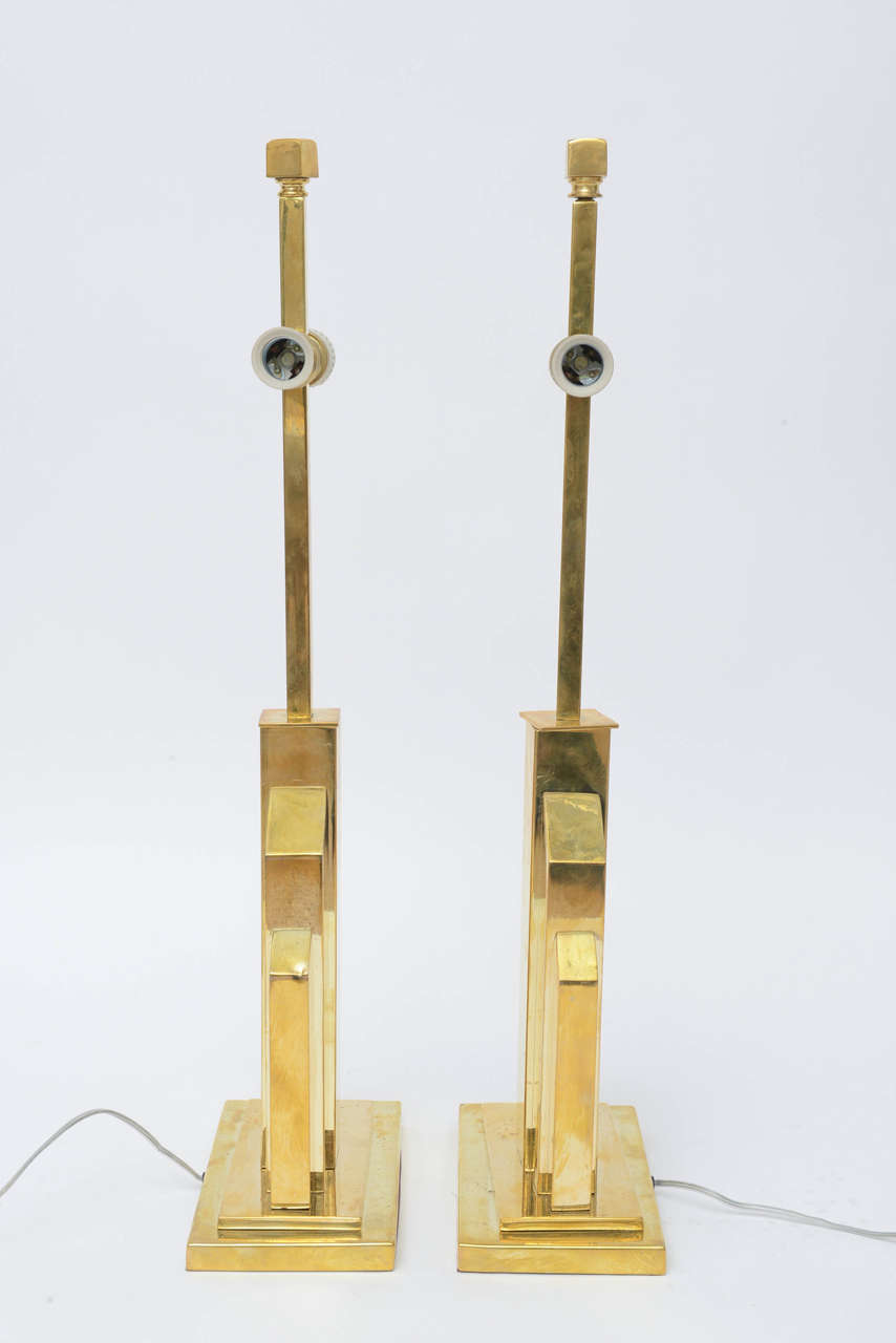Late 20th Century Pair of Romeo Rega Brass Table Lamps Skyscraper Shape Mid-Century Modern Signed For Sale