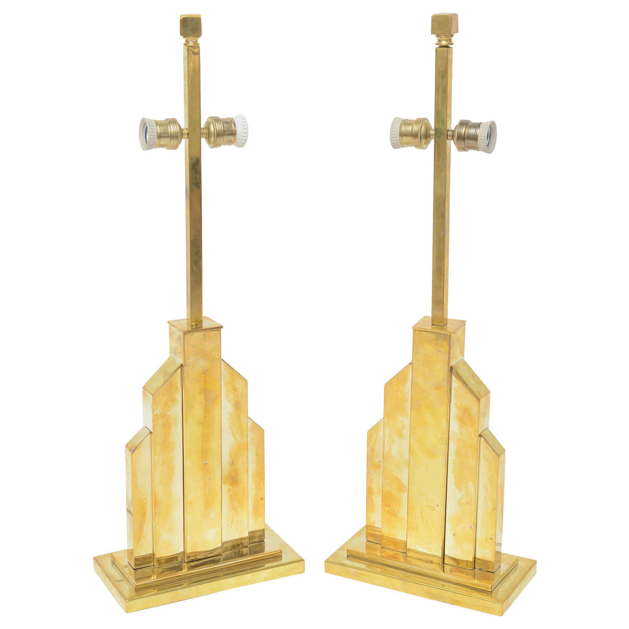 Pair of Romeo Rega Brass Table Lamps Skyscraper Shape Mid-Century Modern Signed For Sale