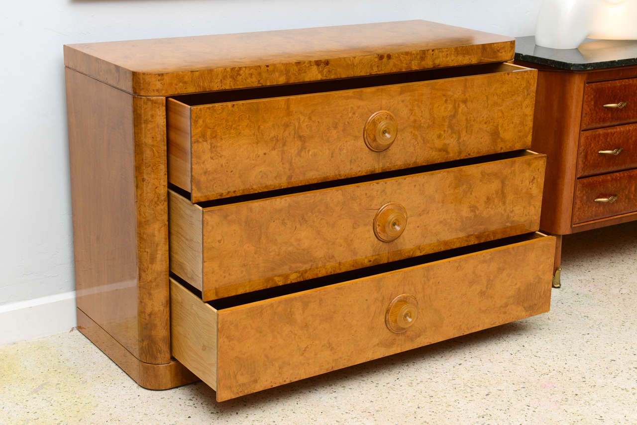 American Late Art Deco Burl Birch, Three-Drawer Commode Attributed to Donald Deskey For Sale