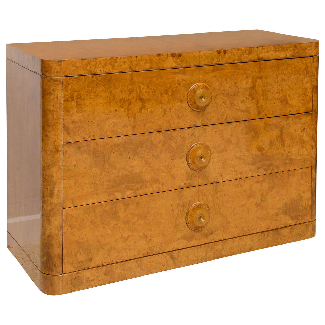 Late Art Deco Burl Birch, Three-Drawer Commode Attributed to Donald Deskey For Sale