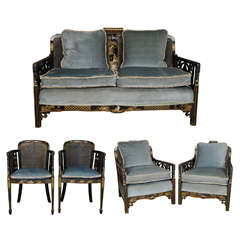 Chinoiserie Lacquered Sofa and Armchairs Set Bergere Suite