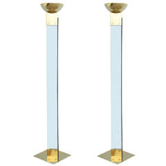 Chic Modern Pair of Brass and Glass Torchieres