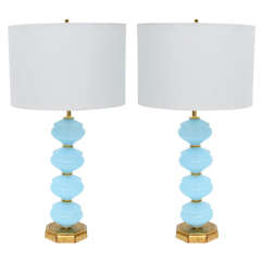 Elegant Pair of Murano Italian Sky Blue Glass Lamps