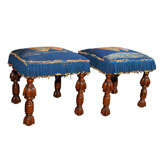 Antique Pair Of Oak Stools With Needlepoint