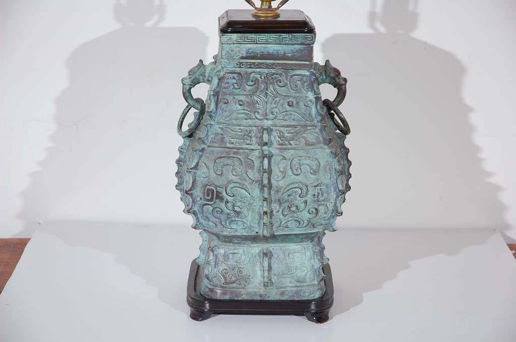CHINESE STYLE  BRONZE VERDIGRIS LAMP In Excellent Condition In santa monica, CA
