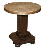 WOOD PEDESTAL TABLE with BRASS TOP