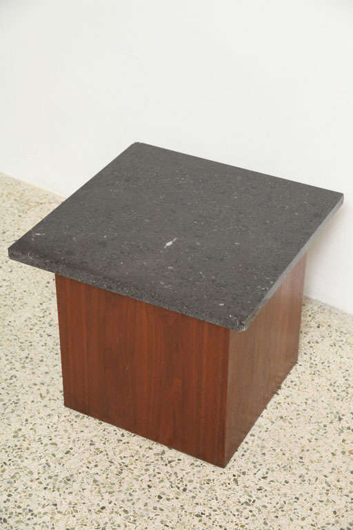 Pair of walnut cube tables by Directional Furniture.

Tables comes with black marble tops.