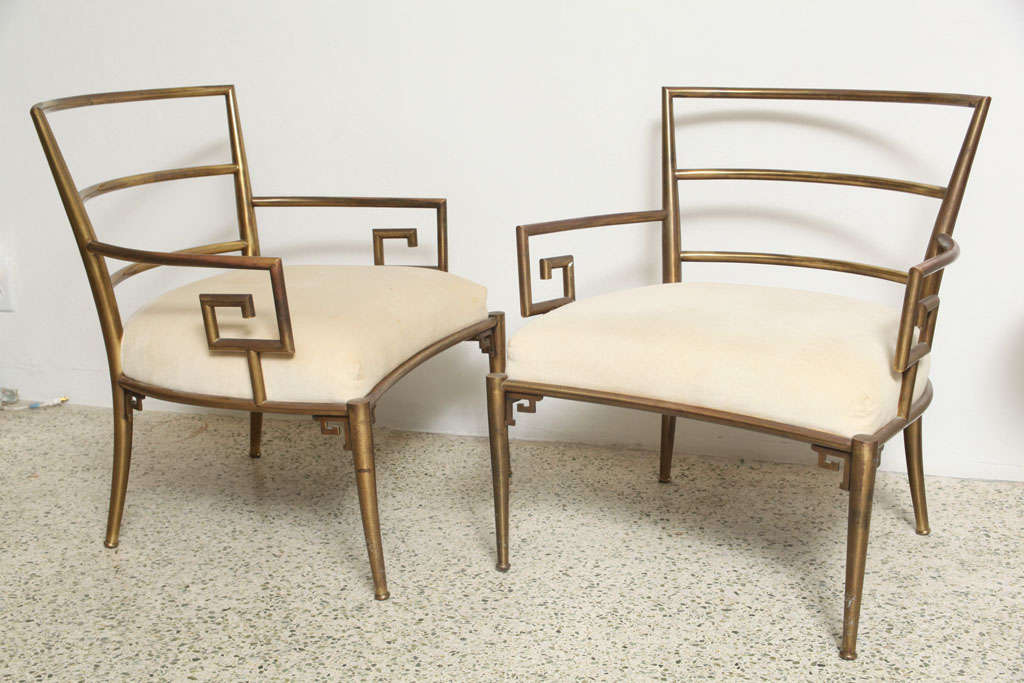 Pair of Weiman Warren Lloyd Chinese Modern Brass<br />
Lounge Chairs,label below<br />
Seat Height 16