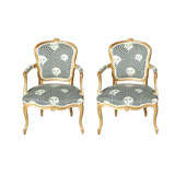 A Pair of Louis XV Giltwood Armchairs in Fornasetti Fabric