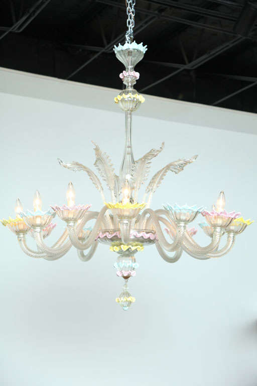 The fine handblown pieces decorated in clear glass and accented with tones of yellow, robin’s egg blue and pink glass.