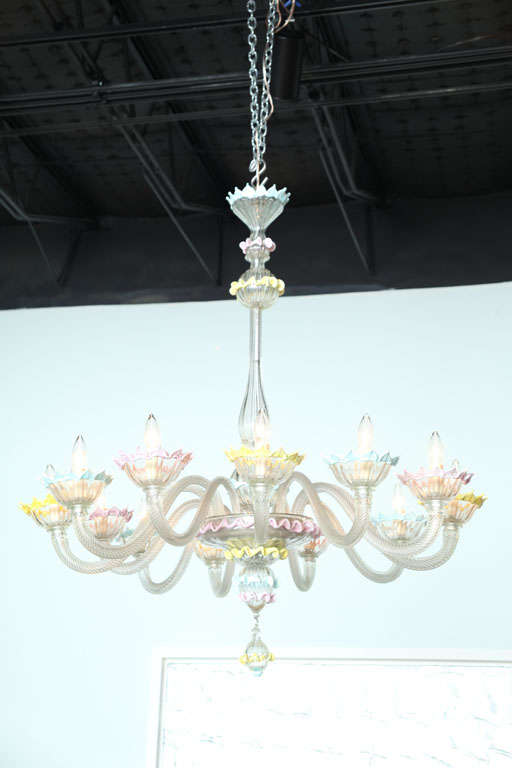 Fine Pair of Murano Glass Twelve-Light Chandeliers, 1950s, Italy For Sale 4