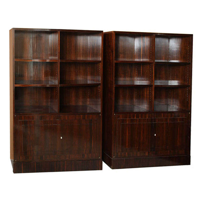 Pair of French Late Art Deco Ebony de Macassar Bookcase Cabinets, by Dominique For Sale