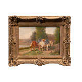 Antique the 19th Century French Painting of Work Horses at Rest