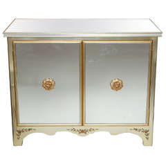 Retro Mirrored Cabinet with Gold Wood Trim and Interior Drawers
