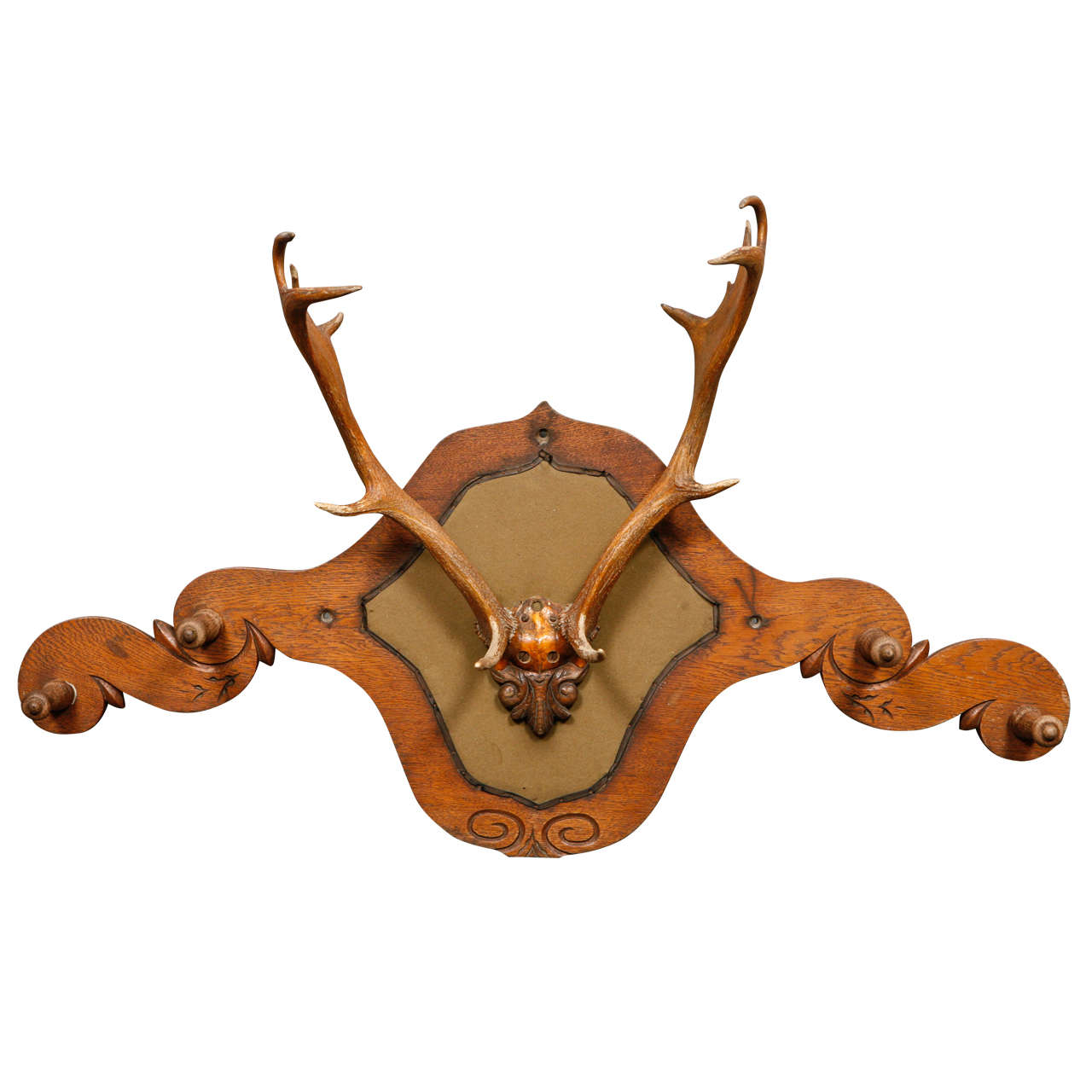 Victorian Carved Oak and Dear Horn Coat/Hat Rack For Sale