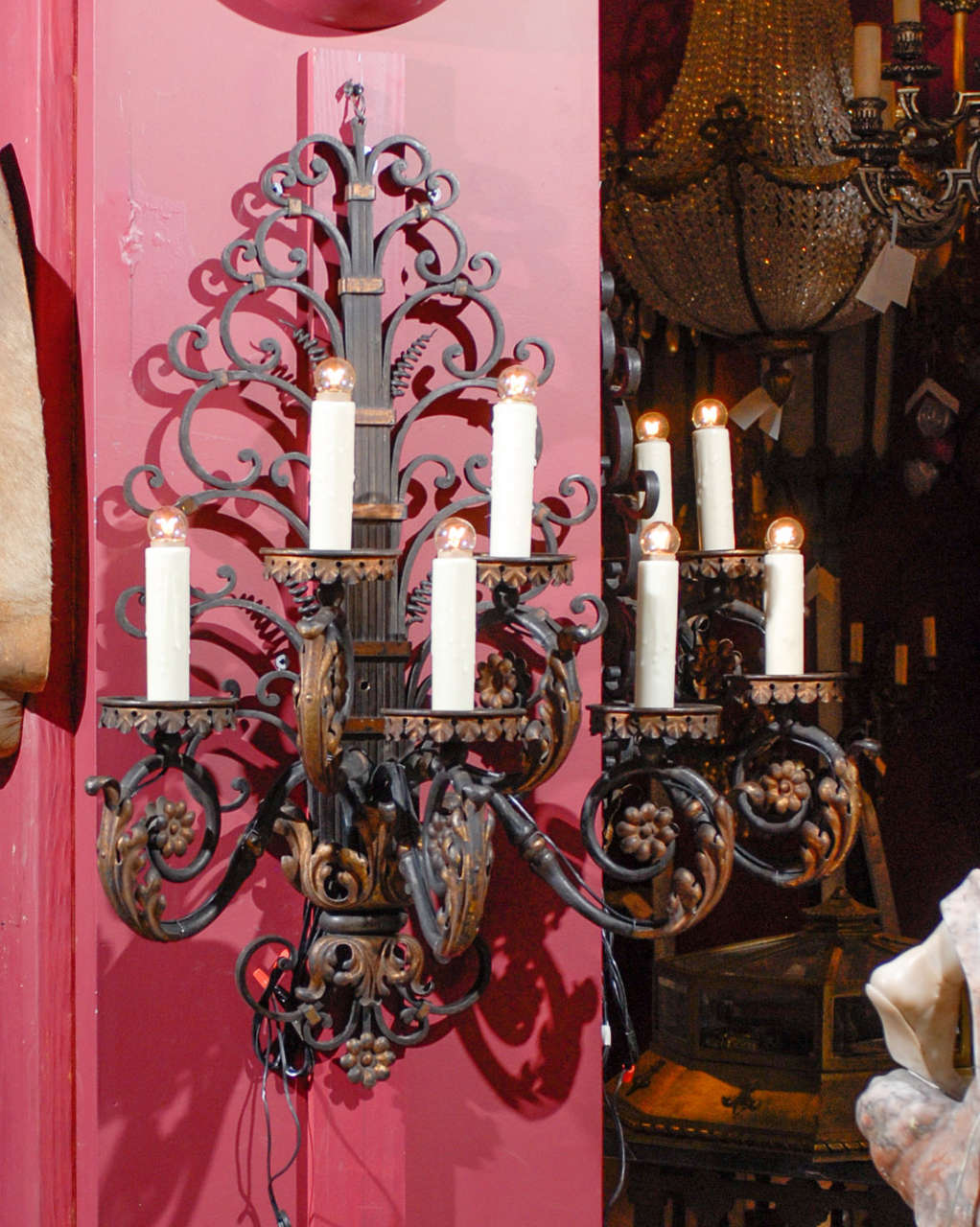 Magnificent French iron sconces, hand forged by fire, with gilt decoration