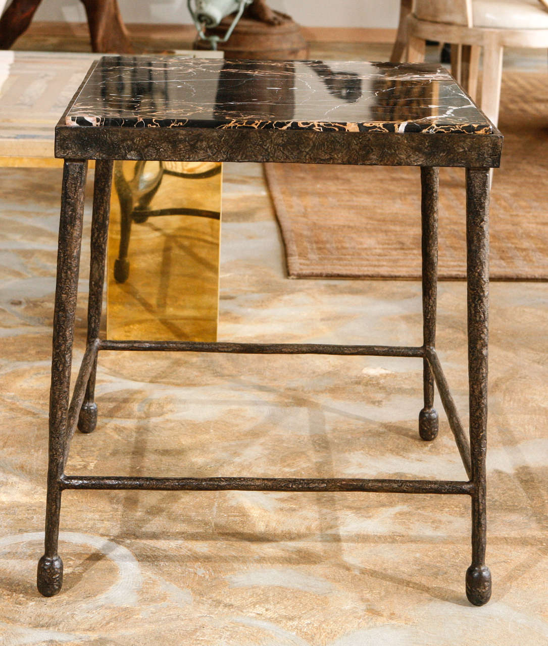Organic Modern Giacometti Style Iron and Stone Side Table In Excellent Condition For Sale In Los Angeles, CA